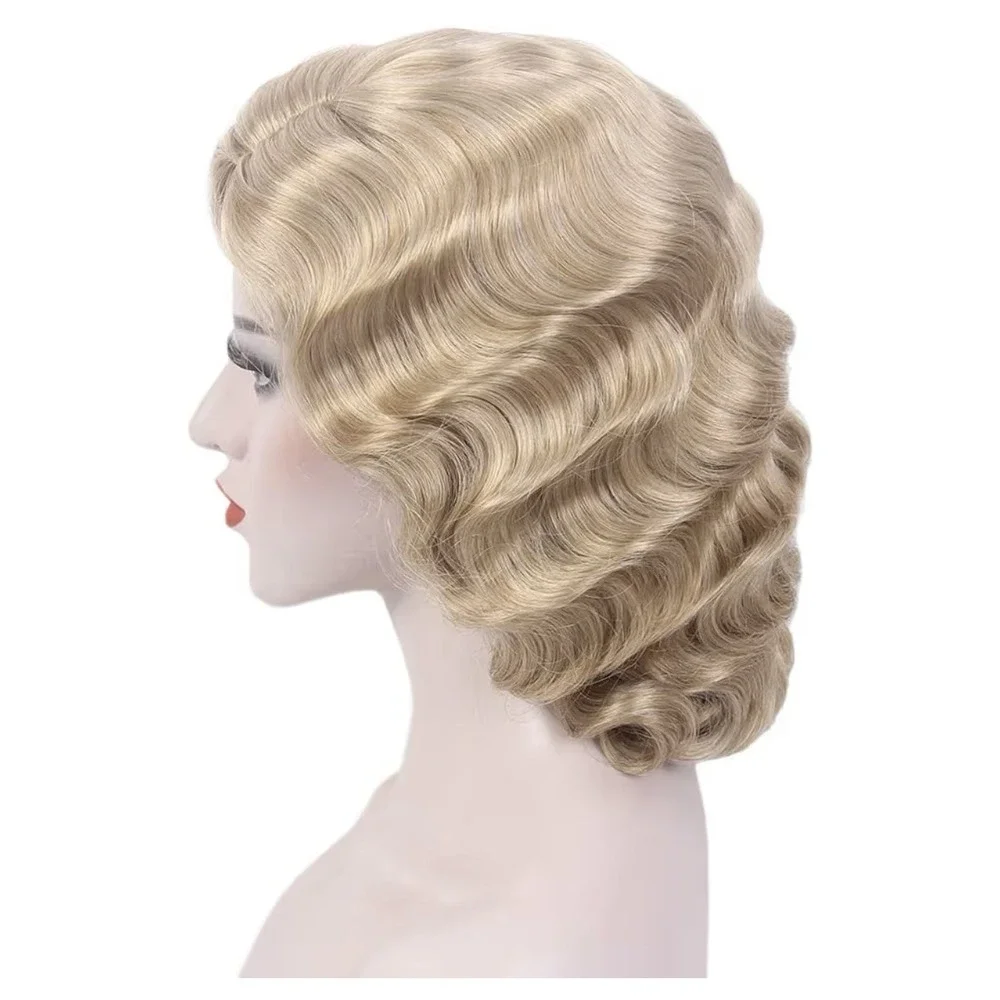 Medisifa Finfer Wave Wig 1920s Retro Mid‎ Long Curly Synthetic Hair Blonde